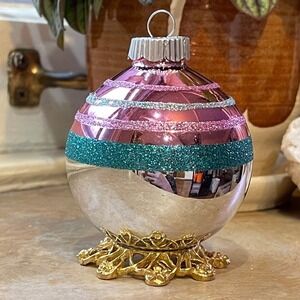 3" Radko Shiny Brite Glitter‎ Striped Ornament Ball Pink Teal Blue Silver Mcm